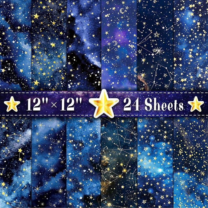 Feivando 24 Sheets Galaxy Scrapbook Paper 12'' × 12'' Double-Sided Starry Sky Pattern Paper Blue Space Decorative Decoupage Cardstock for DIY Crafts Making Scrapbook Supplies - Image 1